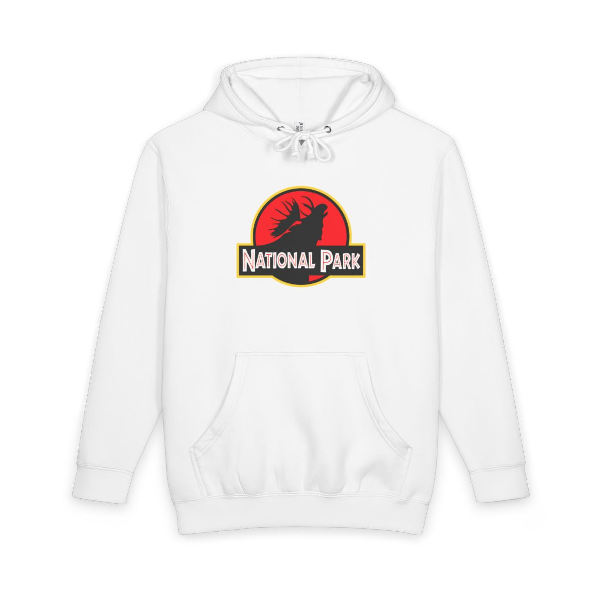 White Moose National Park hoodie, front view with parody logo