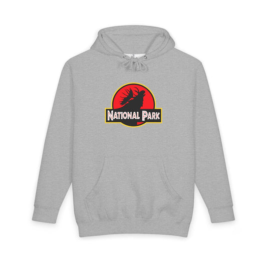 Heather Grey Moose National Park hoodie, front view with parody logo