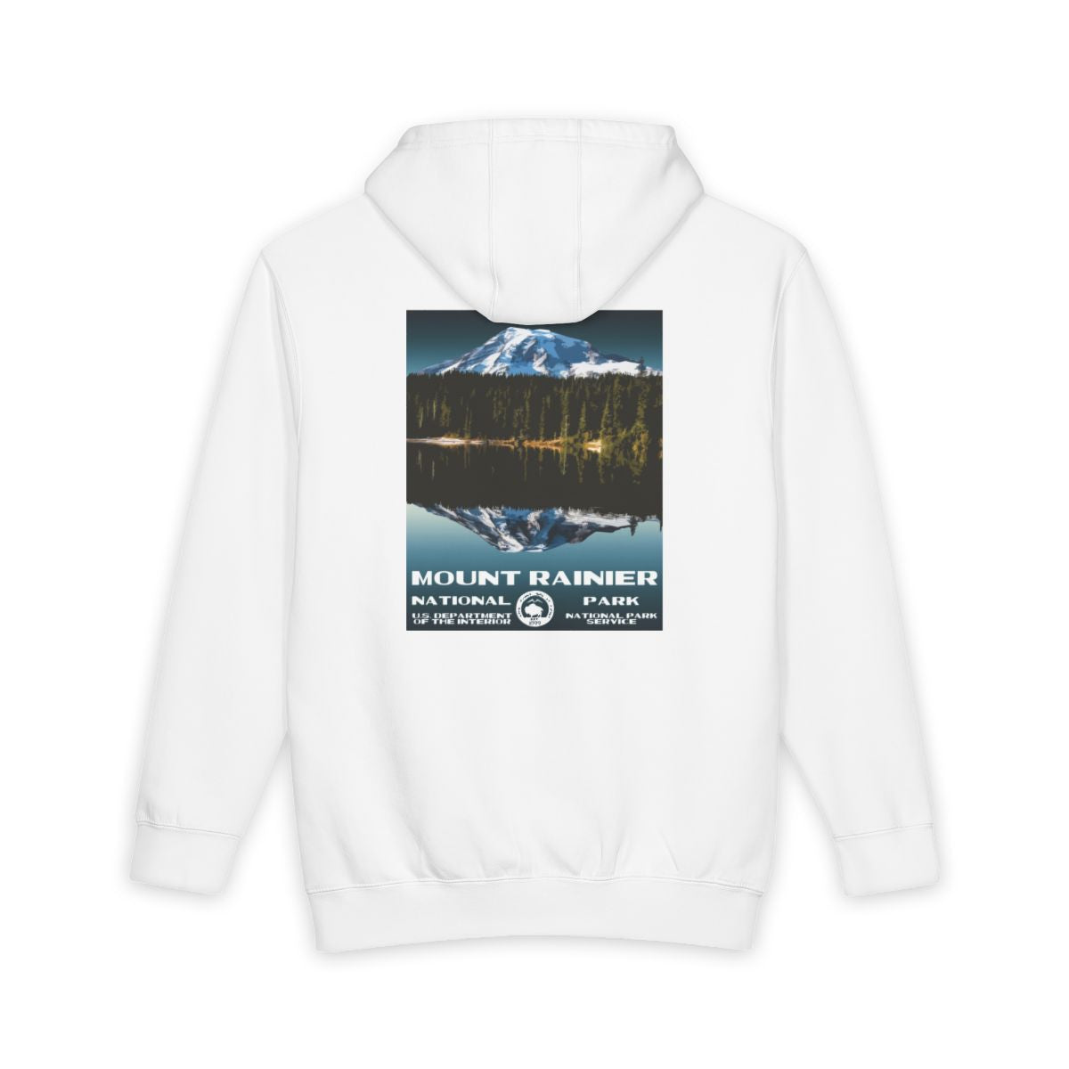 White Mount Rainier National Park hoodie, back view with national park poster artwork