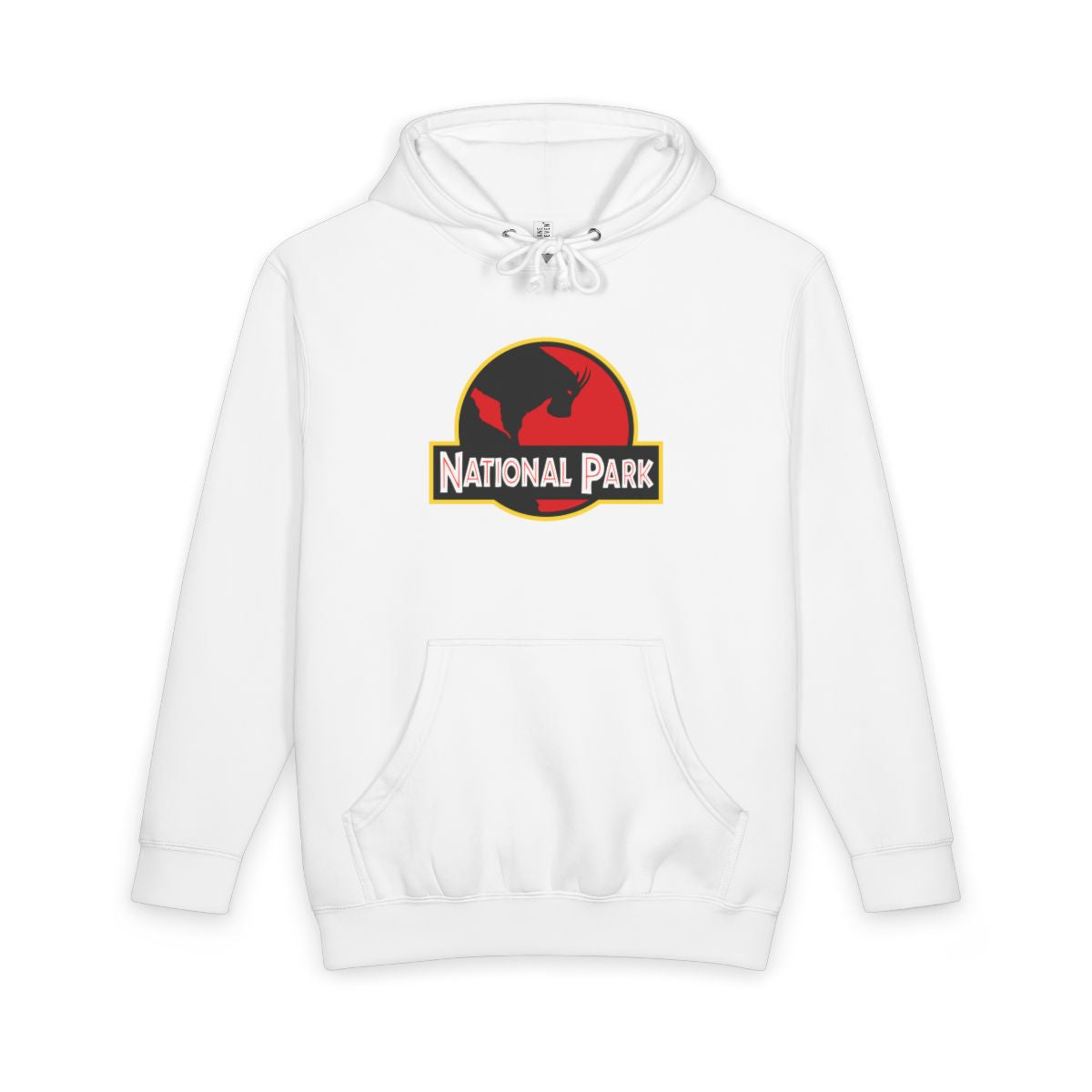 White Mountain Goat National Park hoodie, front view with parody logo
