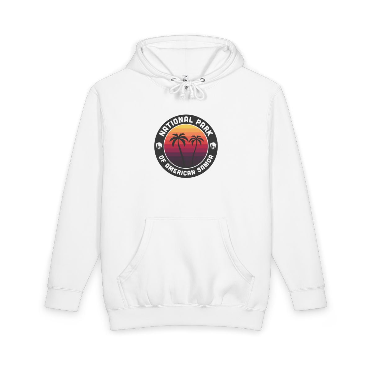 White National Park of American Samoa hoodie, front view with round emblem design