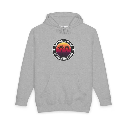 Heather Grey National Park of American Samoa hoodie, front view with round emblem design