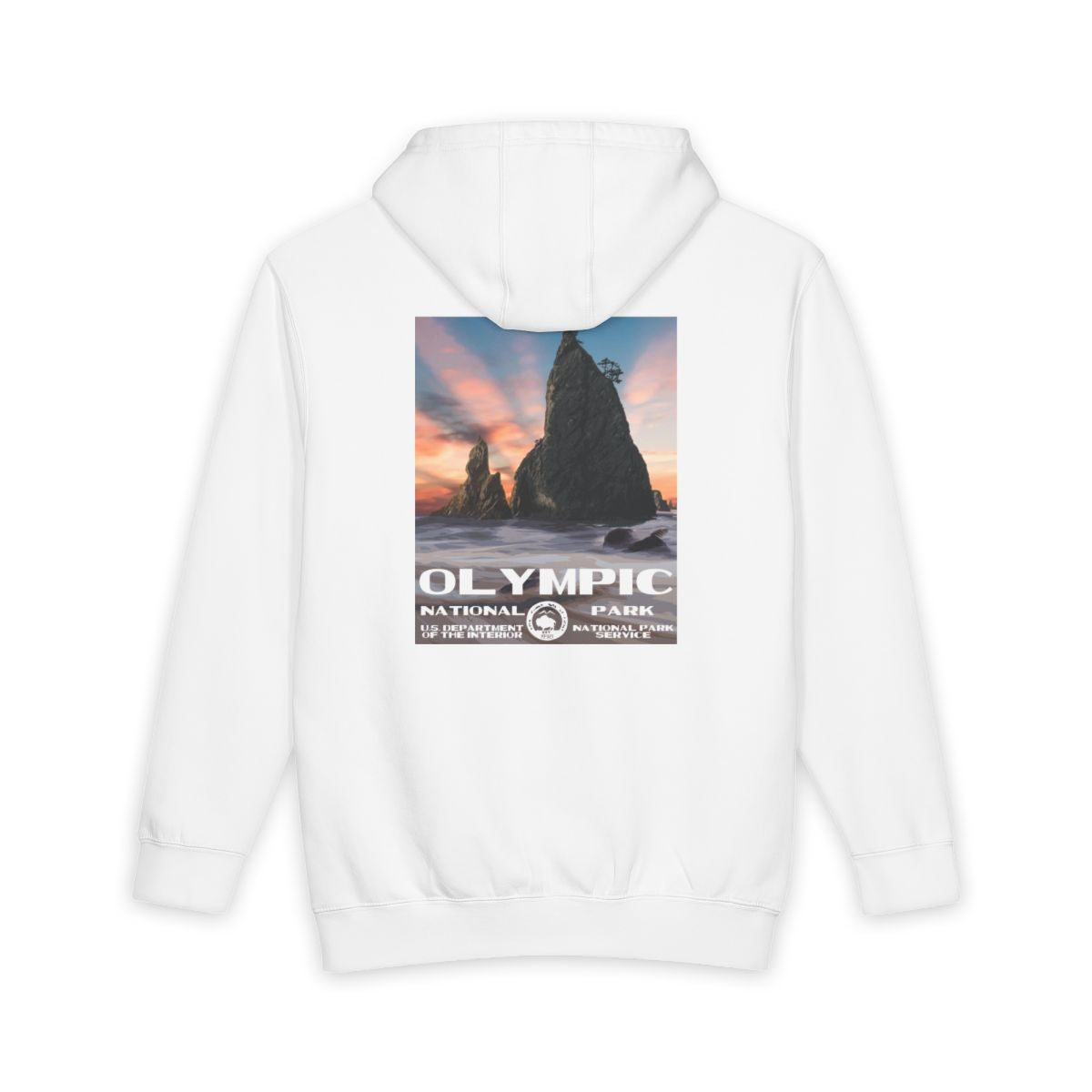 White Olympic National Park hoodie, back view with national park poster artwork
