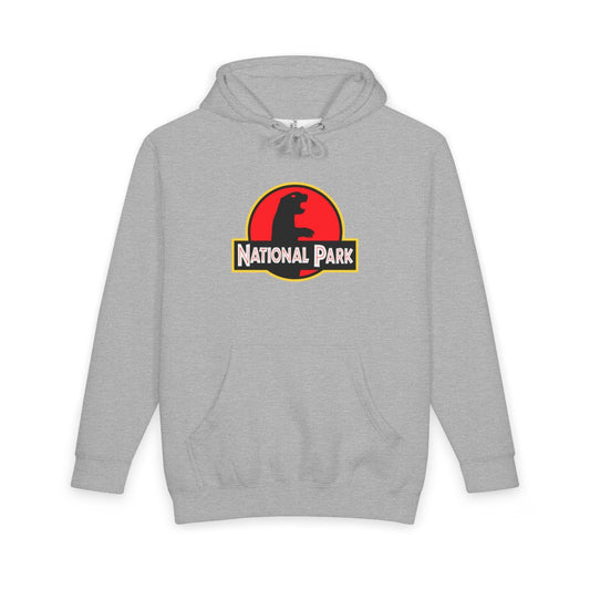 Heather Grey Prairie Dog National Park hoodie, front view with parody logo