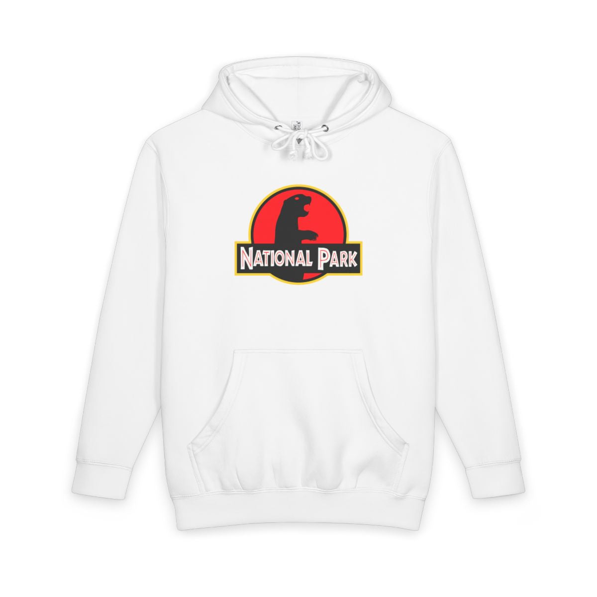 White Prairie Dog National Park hoodie, front view with parody logo