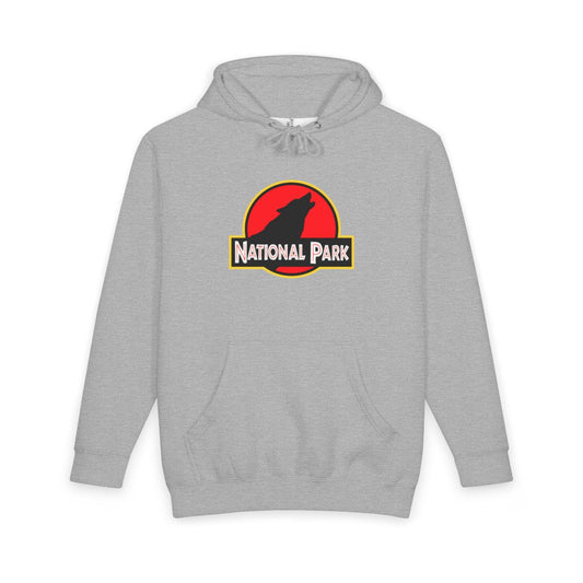 Heather Grey Wolf National Park hoodie, front view with parody logo