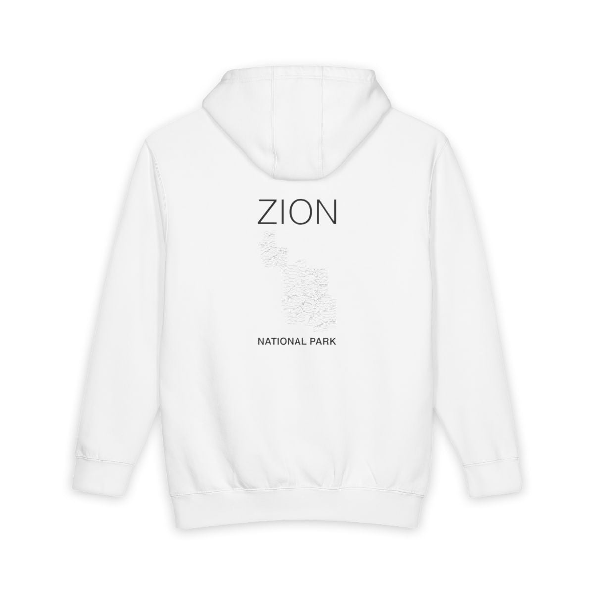 White Zion National Park hoodie, back view with topographic line design