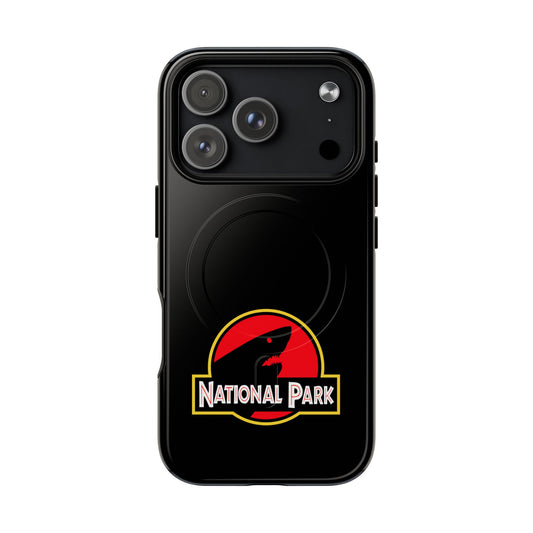 Shark National Park iPhone case with MagSafe featuring parody-logo artwork.