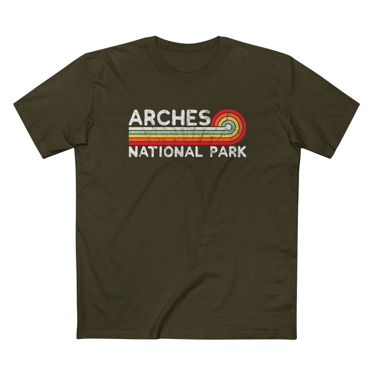 Arches National Park T-Shirt - Vintage Stretched Sunrise in Army