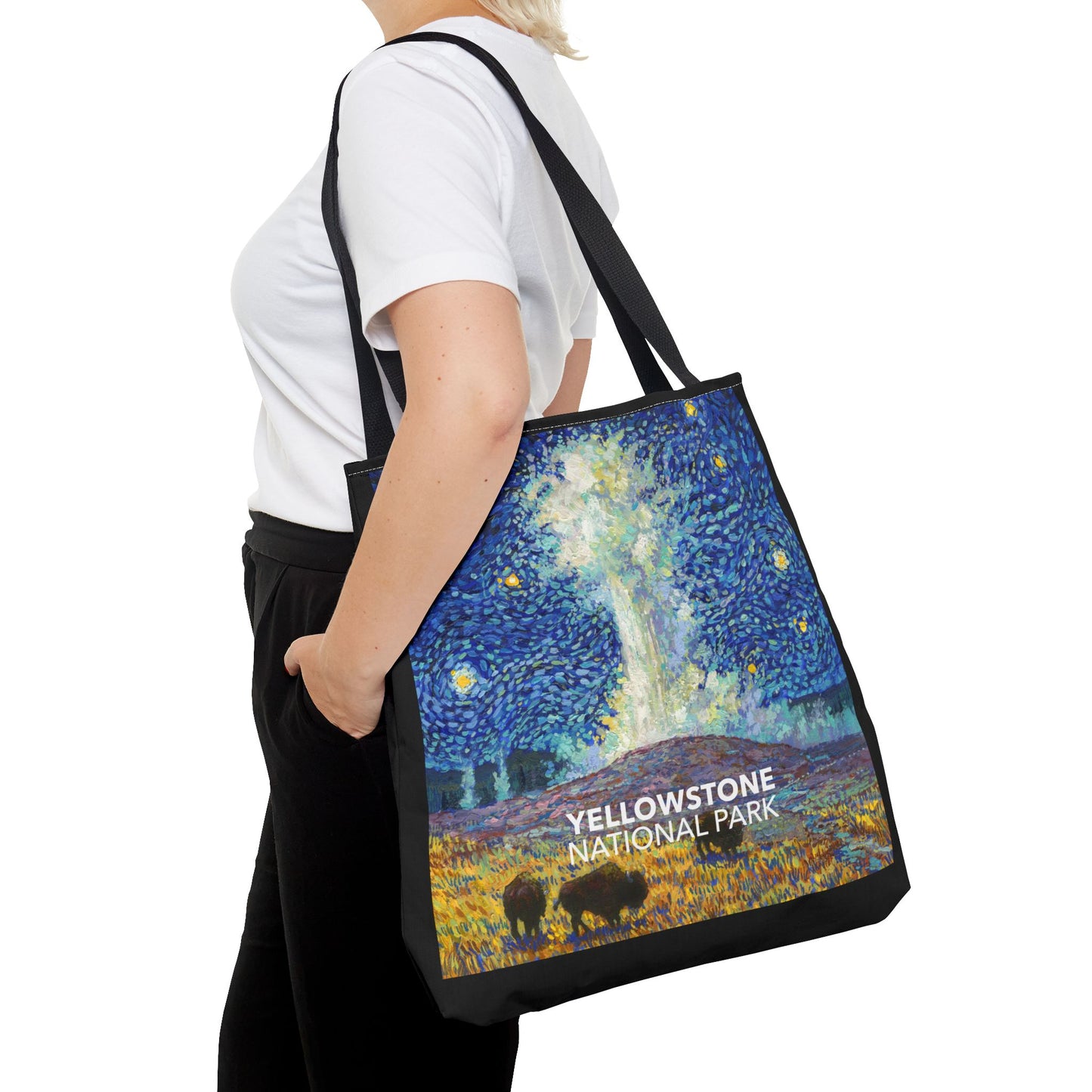 Yellowstone National Park Tote Bag - Old Faithful Starry Night Large