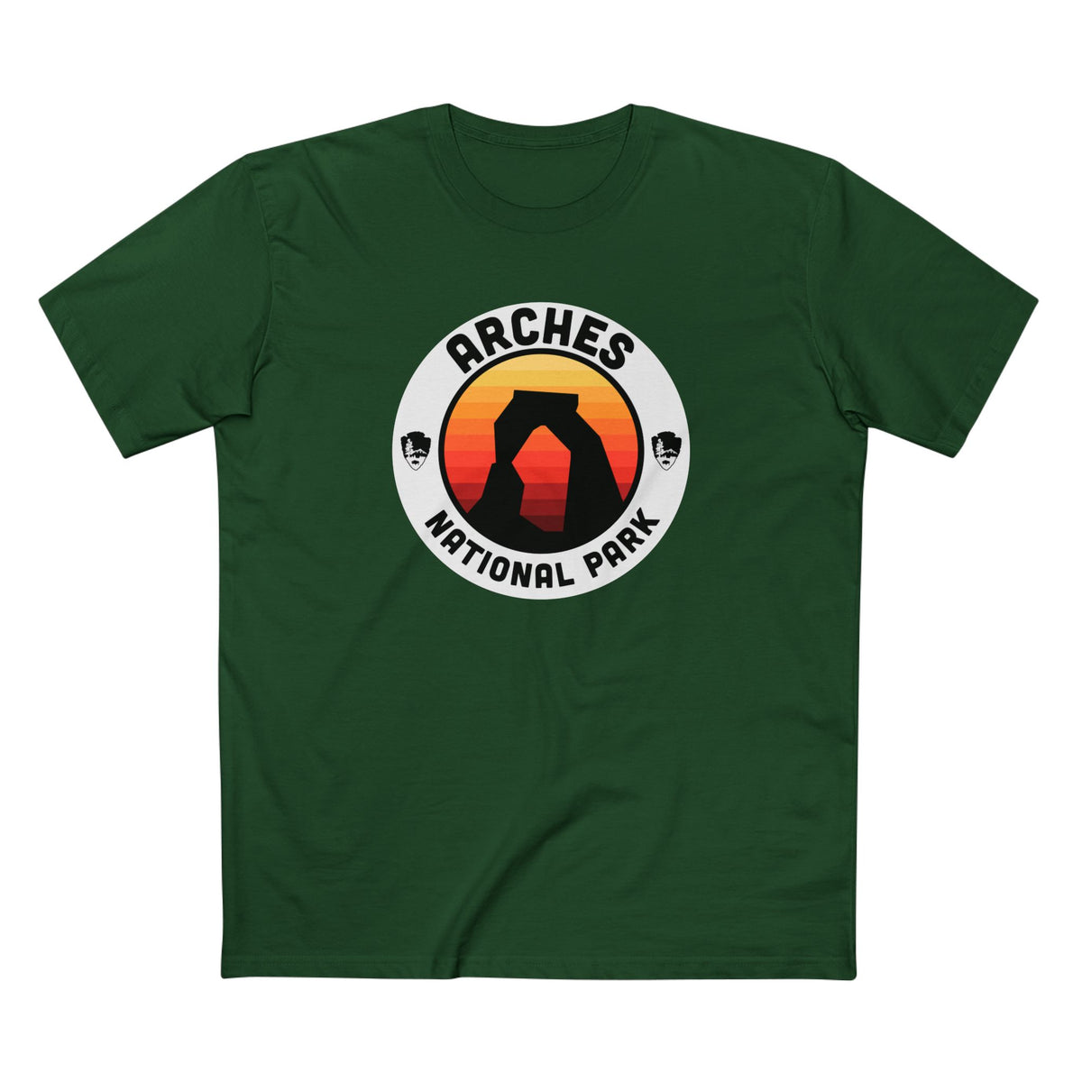 Arches National Park T-Shirt - Round Badge Design in Forest Green
