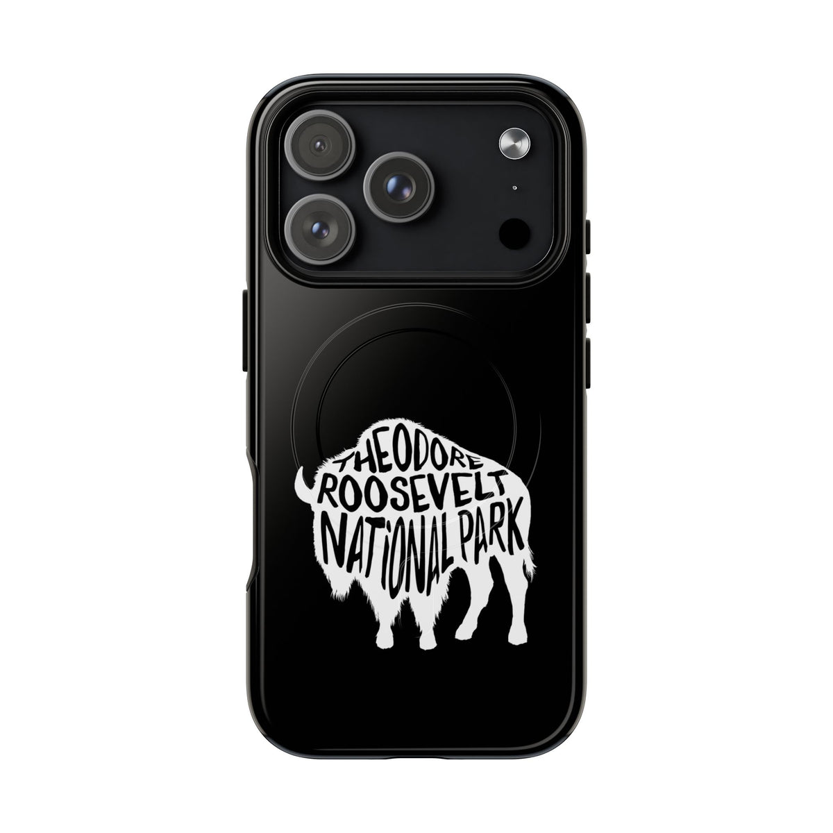Theodore Roosevelt National Park iPhone case with MagSafe featuring bison artwork.