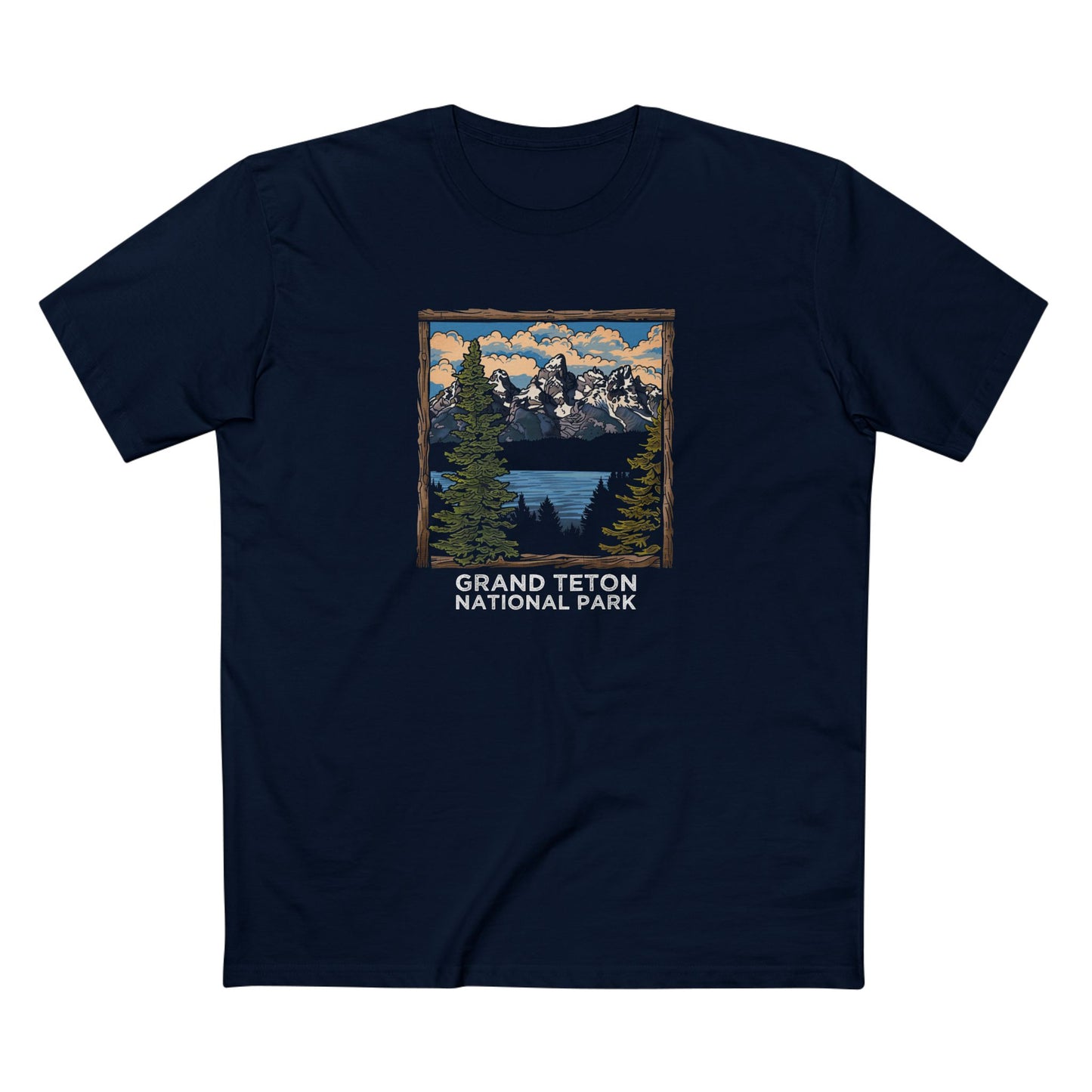 Grand Teton National Park T-Shirt - Wood Frame Design in Navy