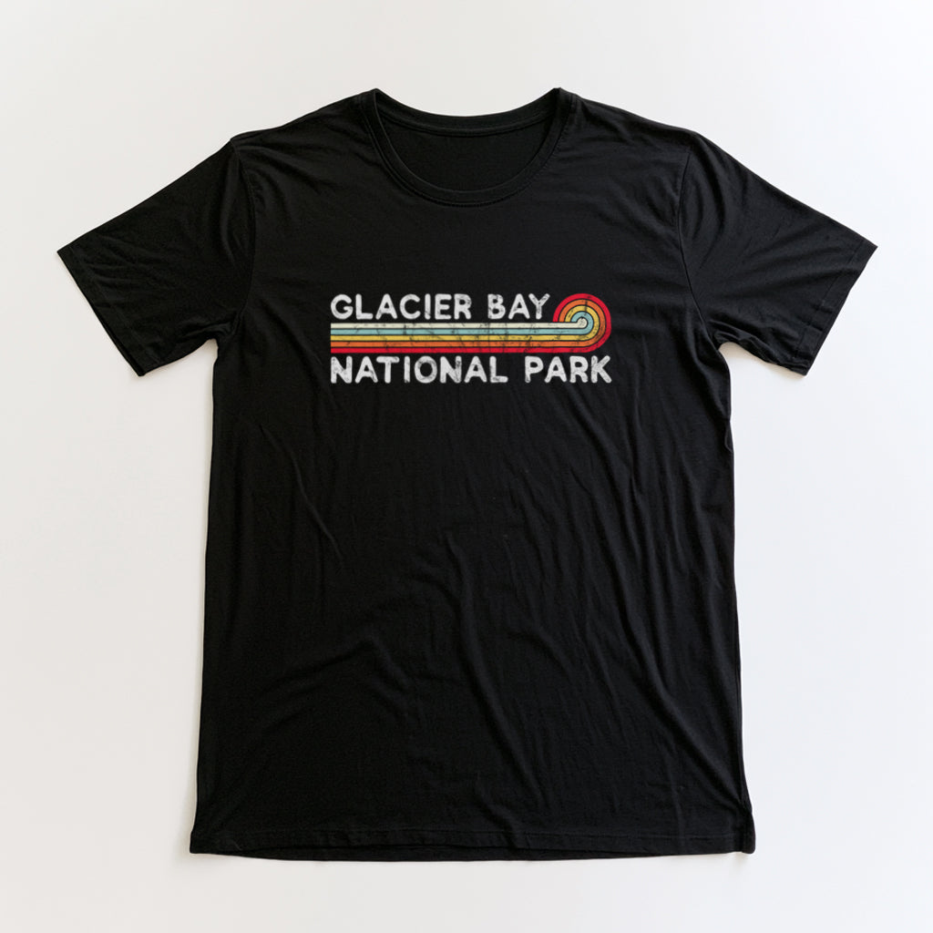 Glacier Bay National Park T-Shirt - Vintage Stretched Sunrise in Black