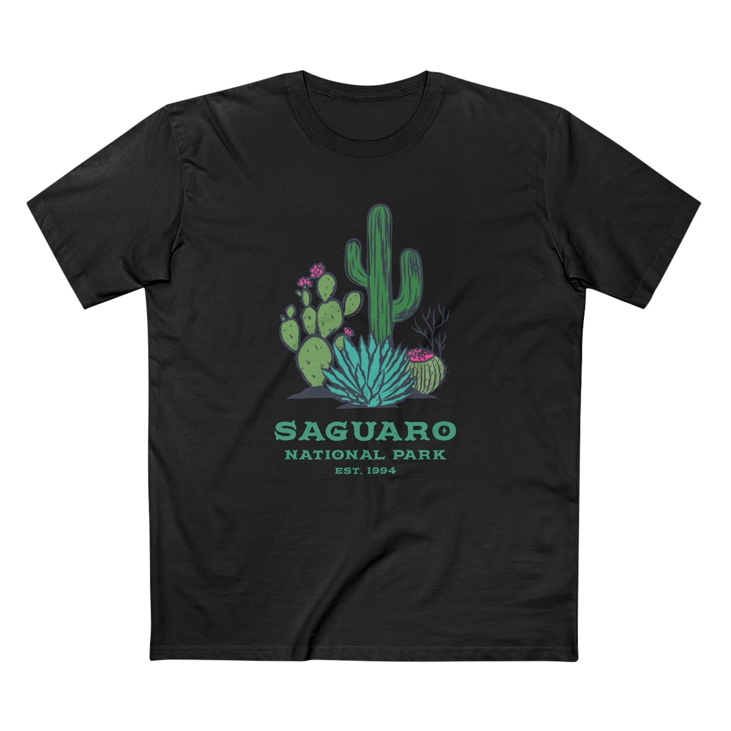 Black t-shirt with a graphic of cacti and the text 'Saguaro National Park' on the front.