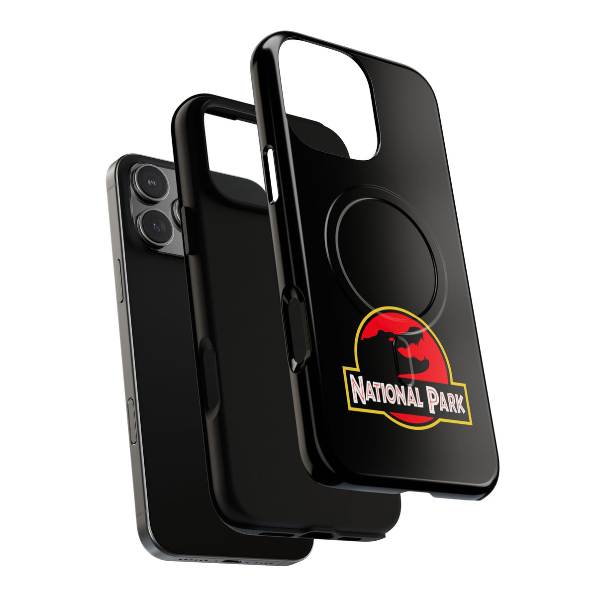 Everglades National Park magnetic iPhone case with red and yellow parody logo on black background