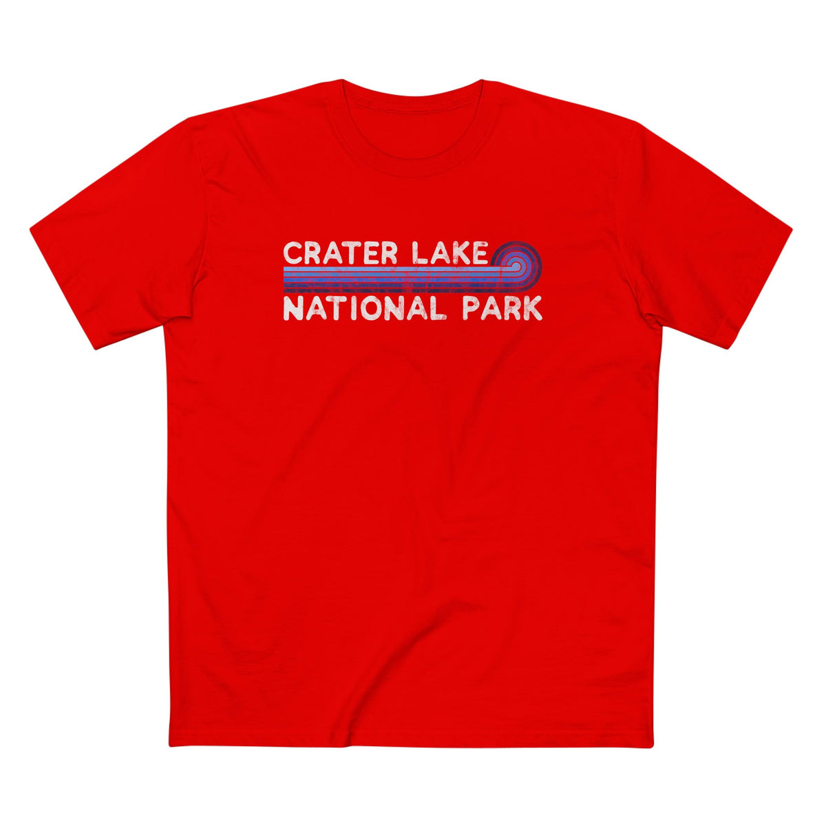 Crater Lake National Park T-Shirt - Blue Vintage Stretched Sunrise in Red