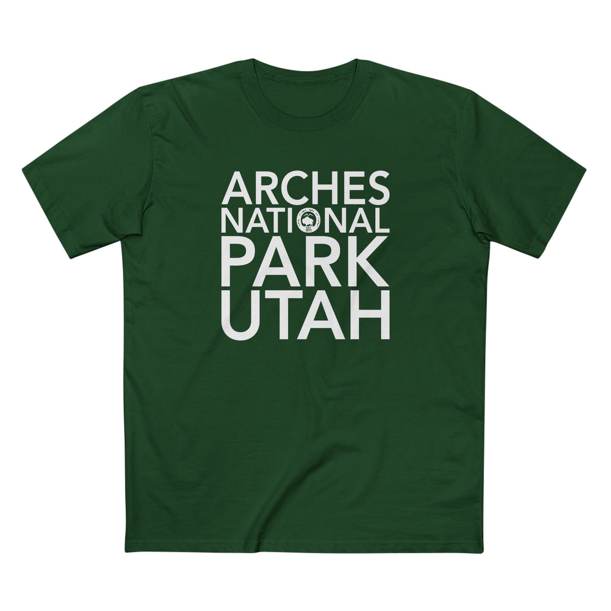 Arches National Park T-Shirt Block Text in Forest Green
