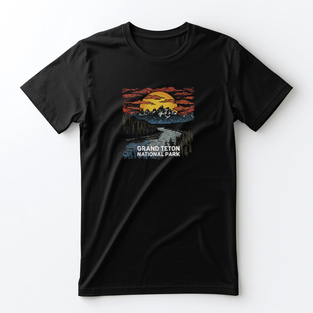 Grand Teton National Park T-Shirt - Wood Cut Design in Black