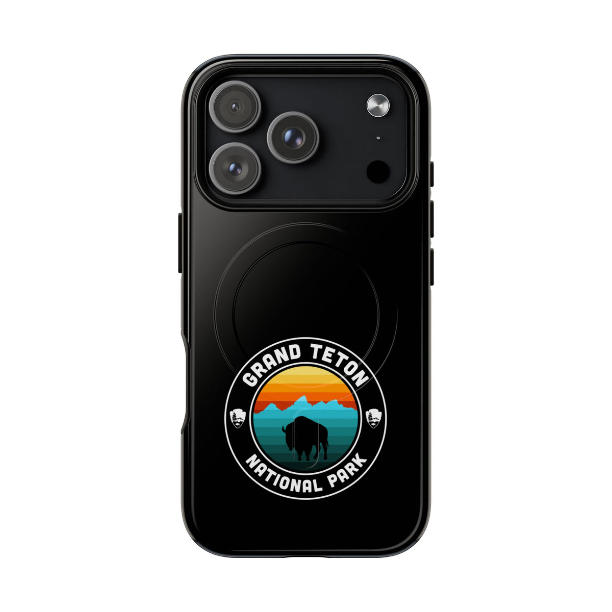 Grand Teton National Park iPhone case with MagSafe featuring round emblem artwork.