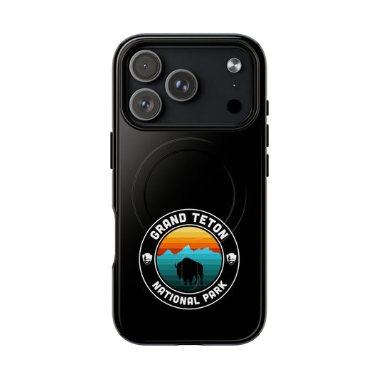 Grand Teton National Park iPhone case with MagSafe featuring round emblem artwork.