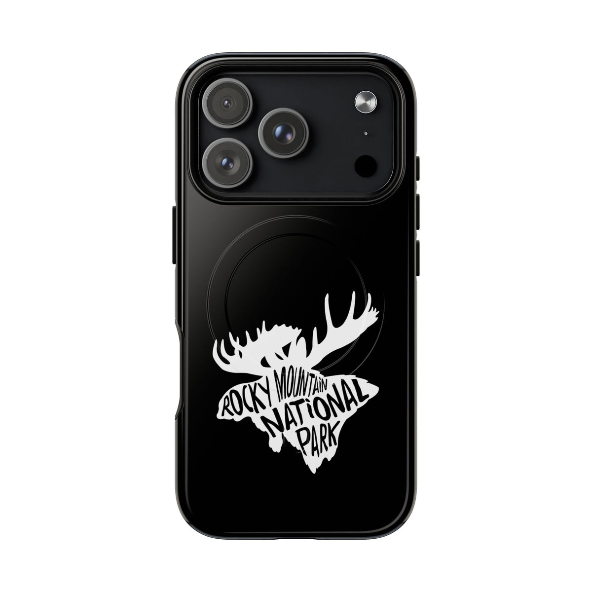 Rocky Mountain National Park iPhone case with MagSafe featuring moose artwork.