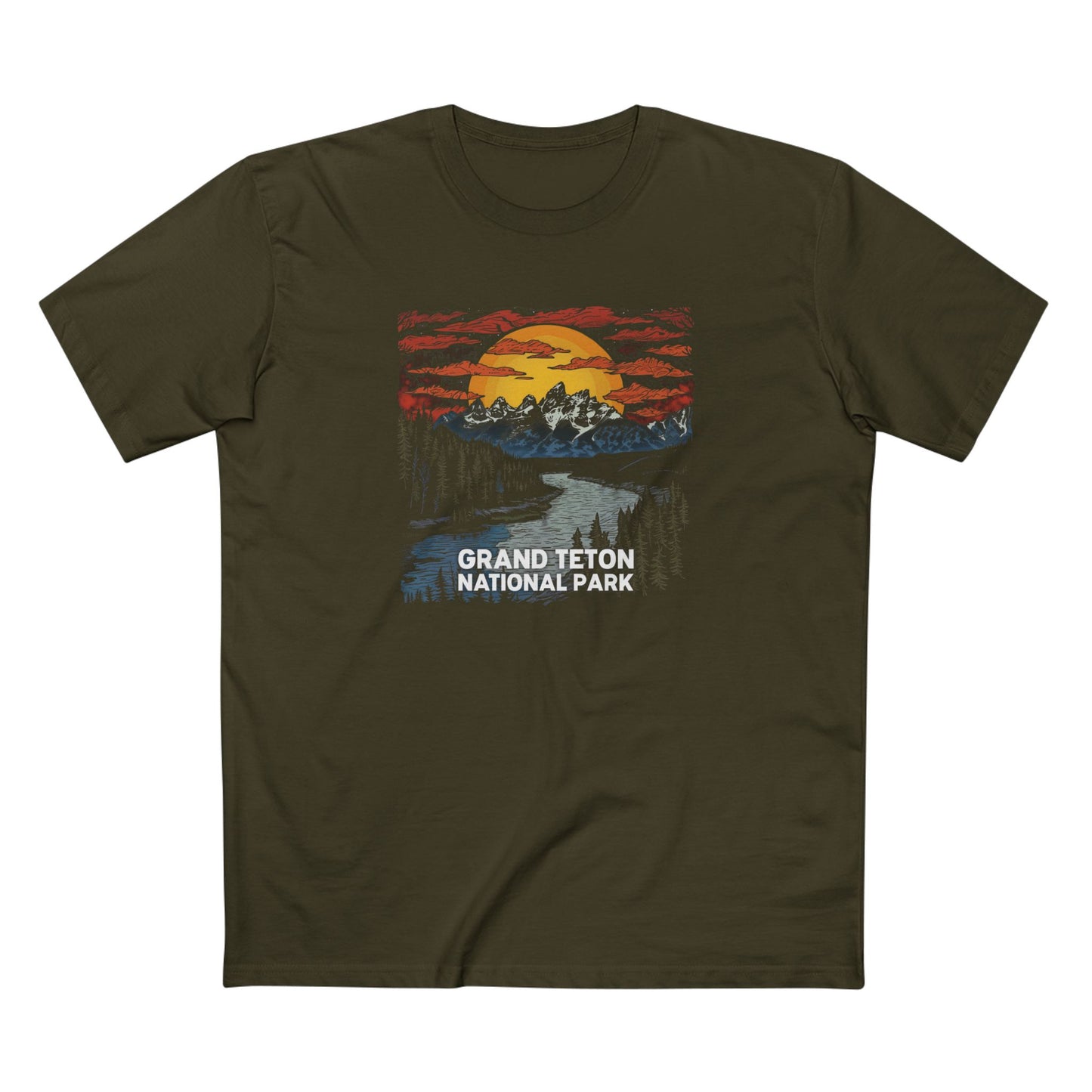 Grand Teton National Park T-Shirt - Wood Cut Design in Army