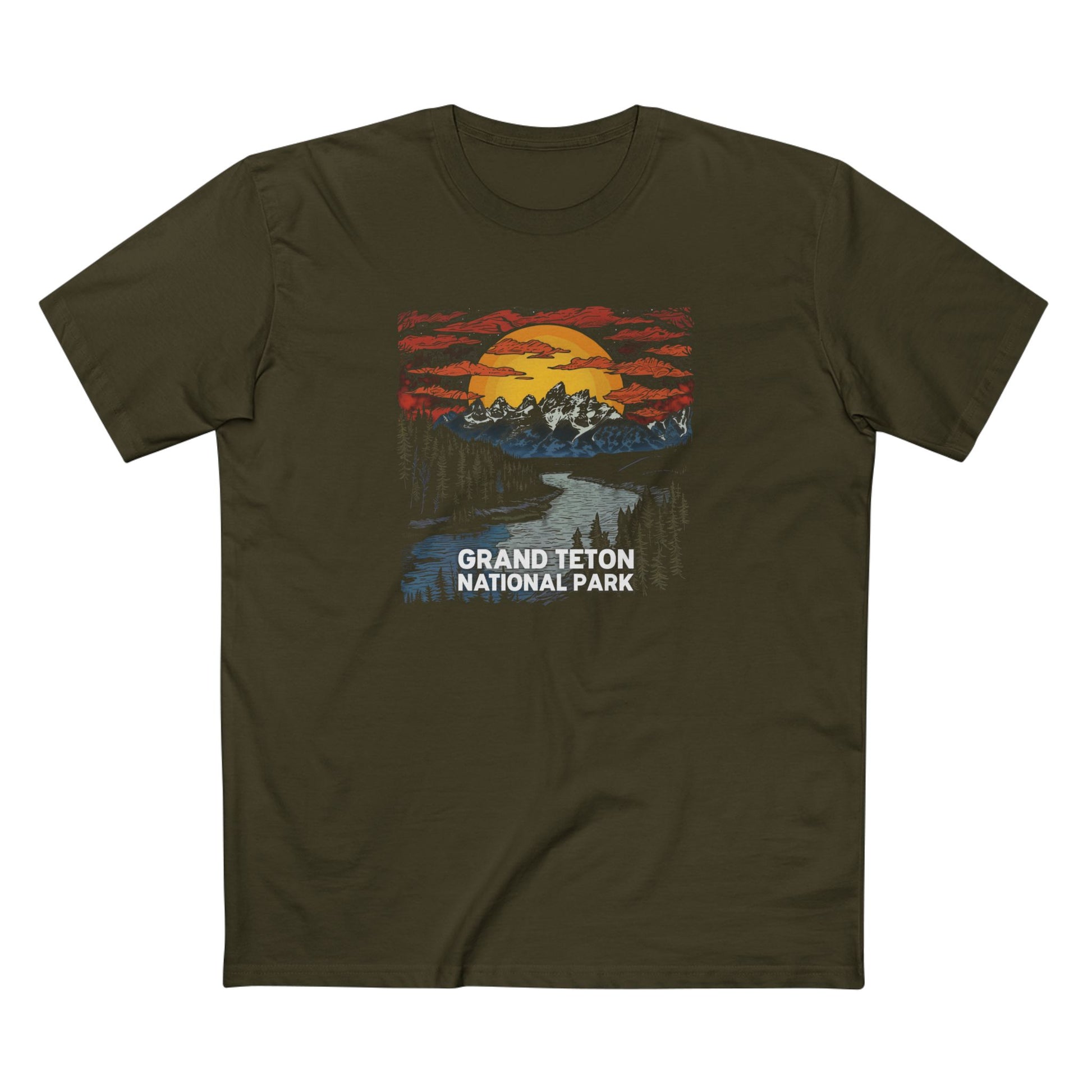 Grand Teton National Park T-Shirt - Wood Cut Design in Army