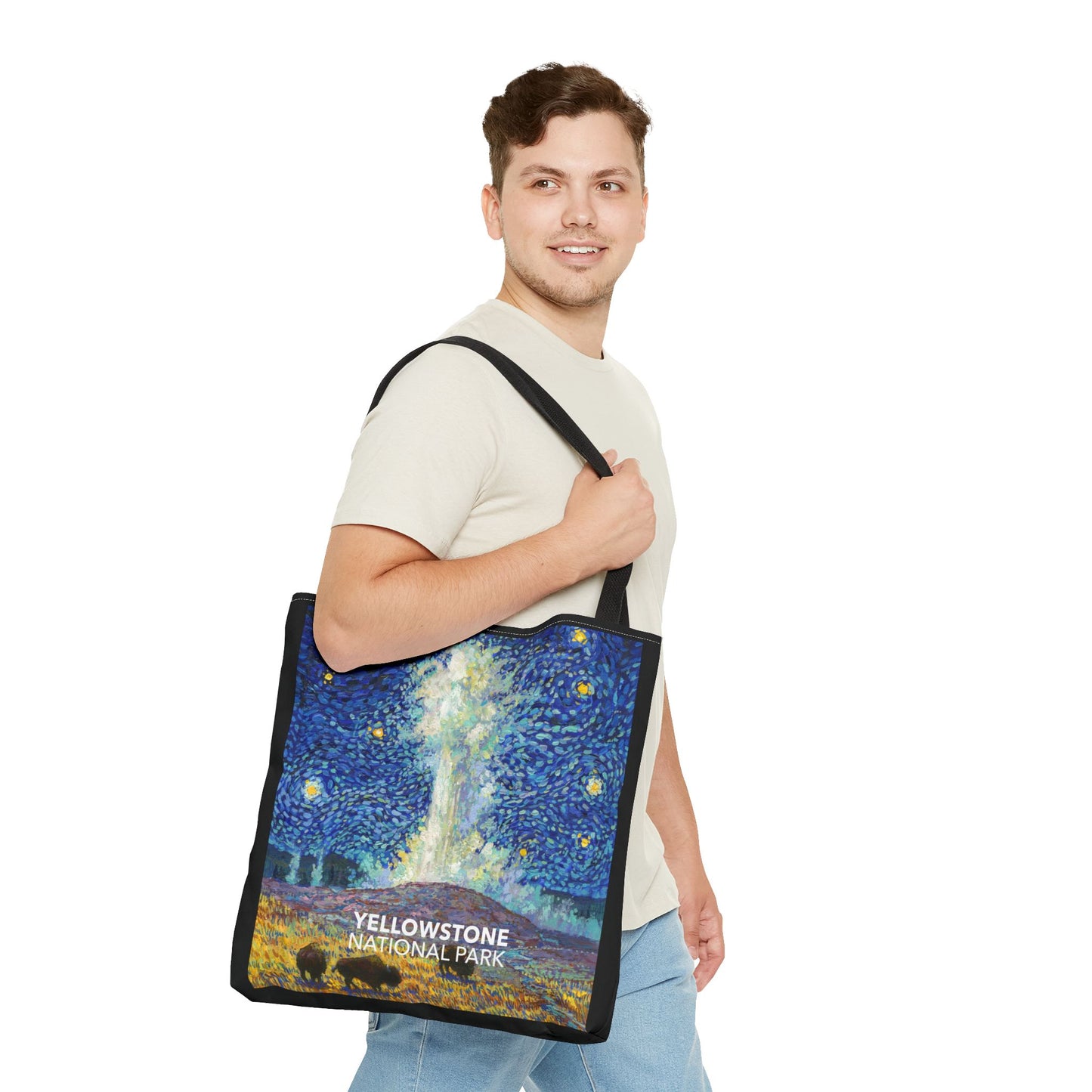 Yellowstone National Park Tote Bag - Old Faithful Starry Night Large