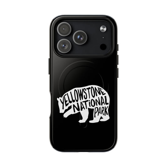Yellowstone National Park iPhone case with MagSafe featuring grizzly bear artwork.