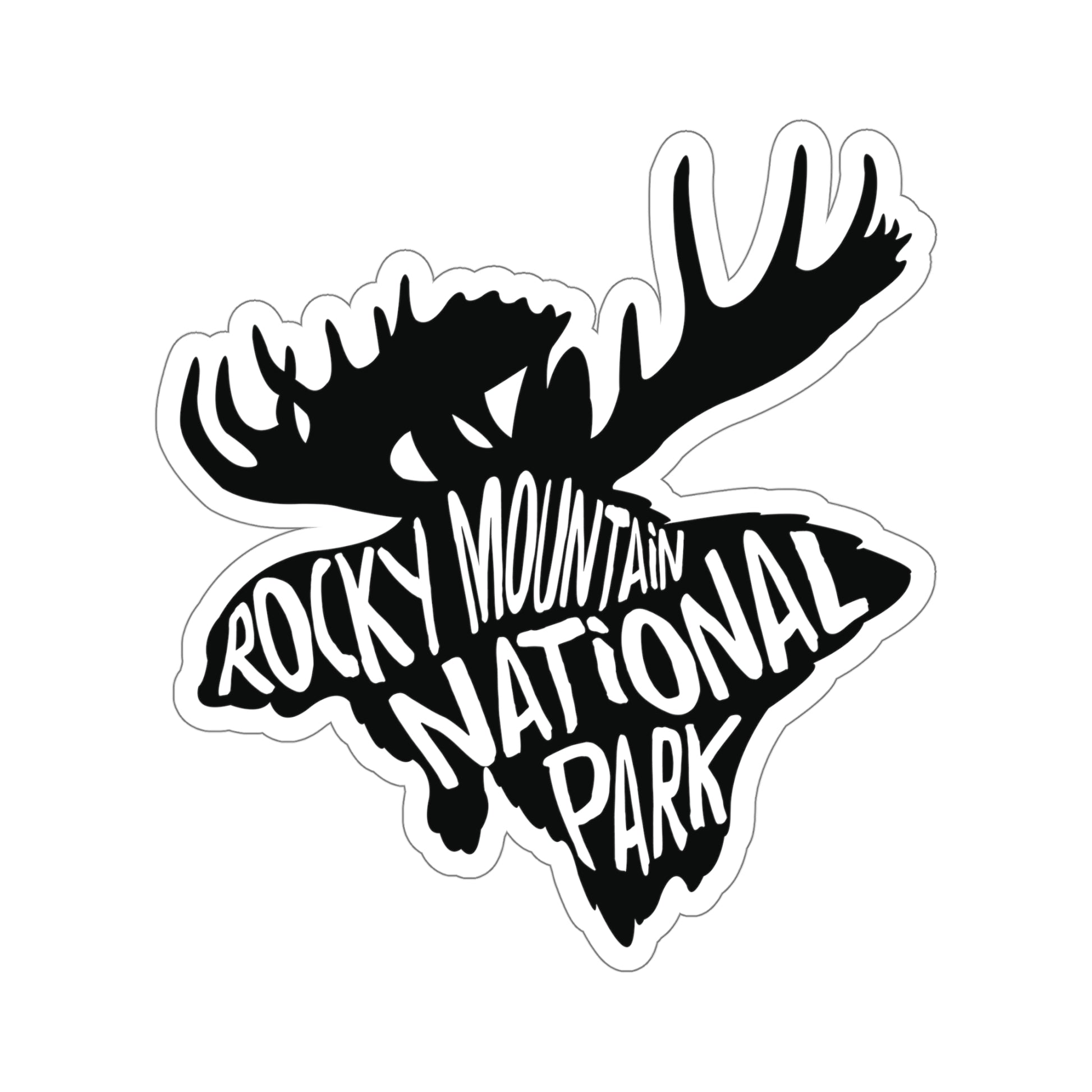 Rocky Mountain National Park sticker with a moose-shaped typographic design.