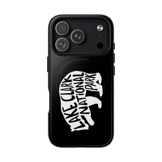 Lake Clark National Park iPhone case with MagSafe featuring grizzly bear artwork.
