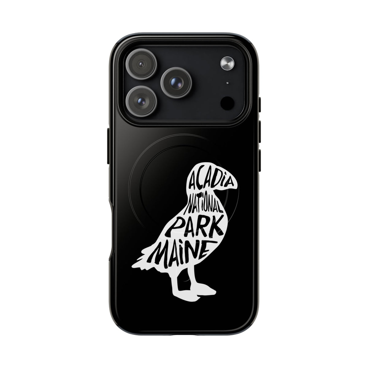 Acadia National Park iPhone case with MagSafe featuring puffin artwork.