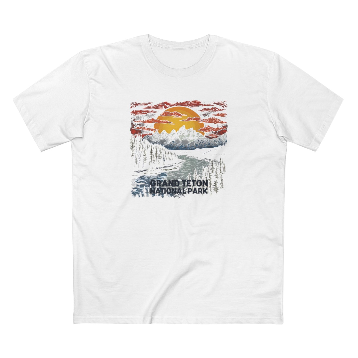 Grand Teton National Park T-Shirt - Wood Cut Design in White