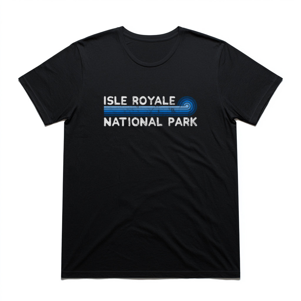 Isle Royale National Park T-Shirt - Blue Vintage Stretched Sunrise in Black