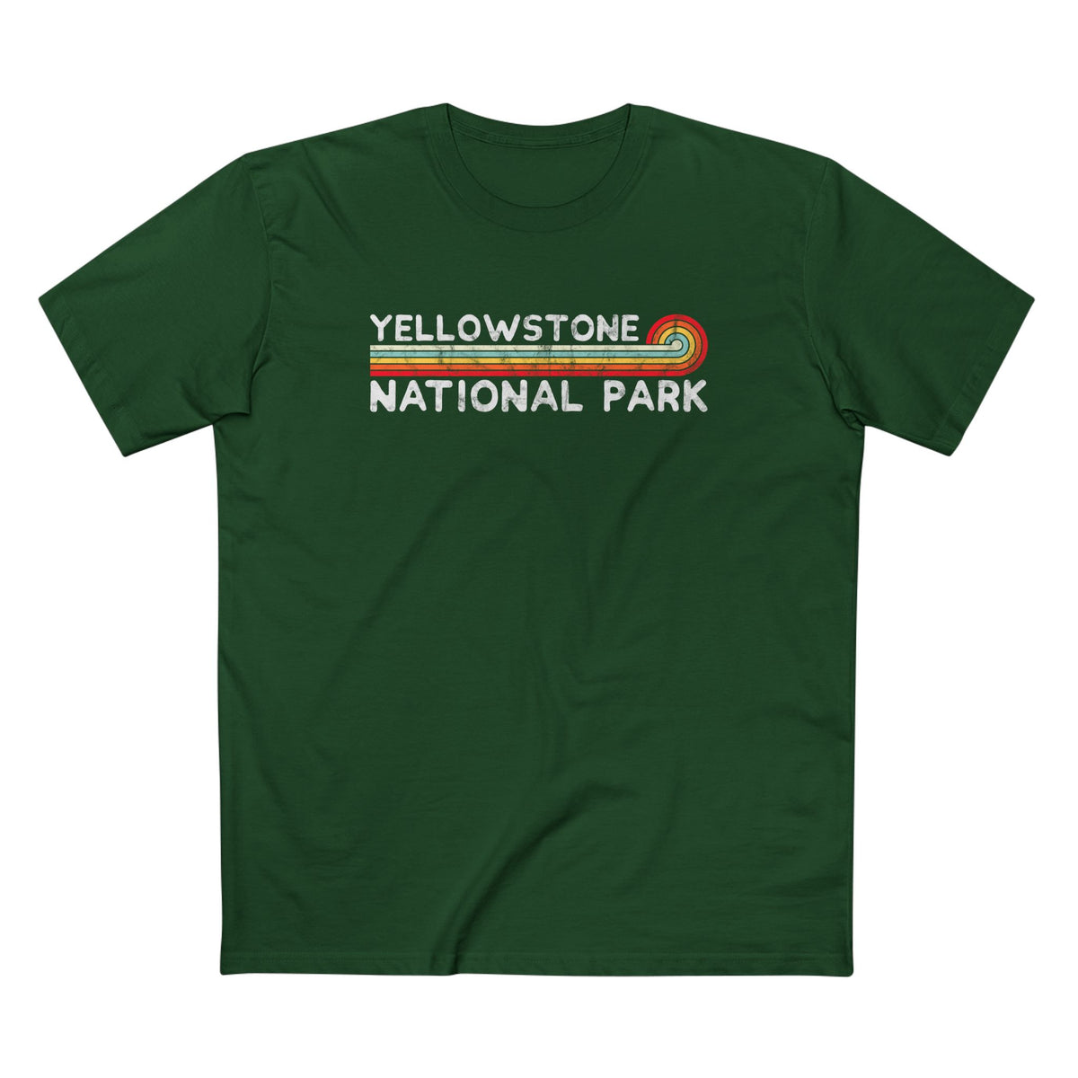 Yellowstone National Park T-Shirt - Vintage Stretched Sunrise in Forest Green