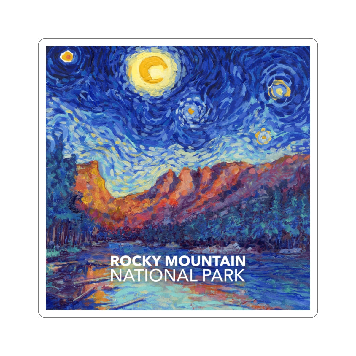 Rocky Mountain National Park sticker with a Van Gogh ‘Starry Night’-style design