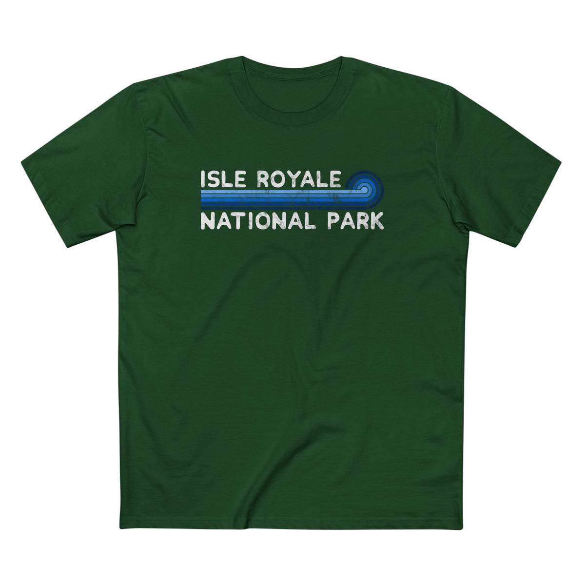 Isle Royale National Park T-Shirt - Blue Vintage Stretched Sunrise in Forest Green