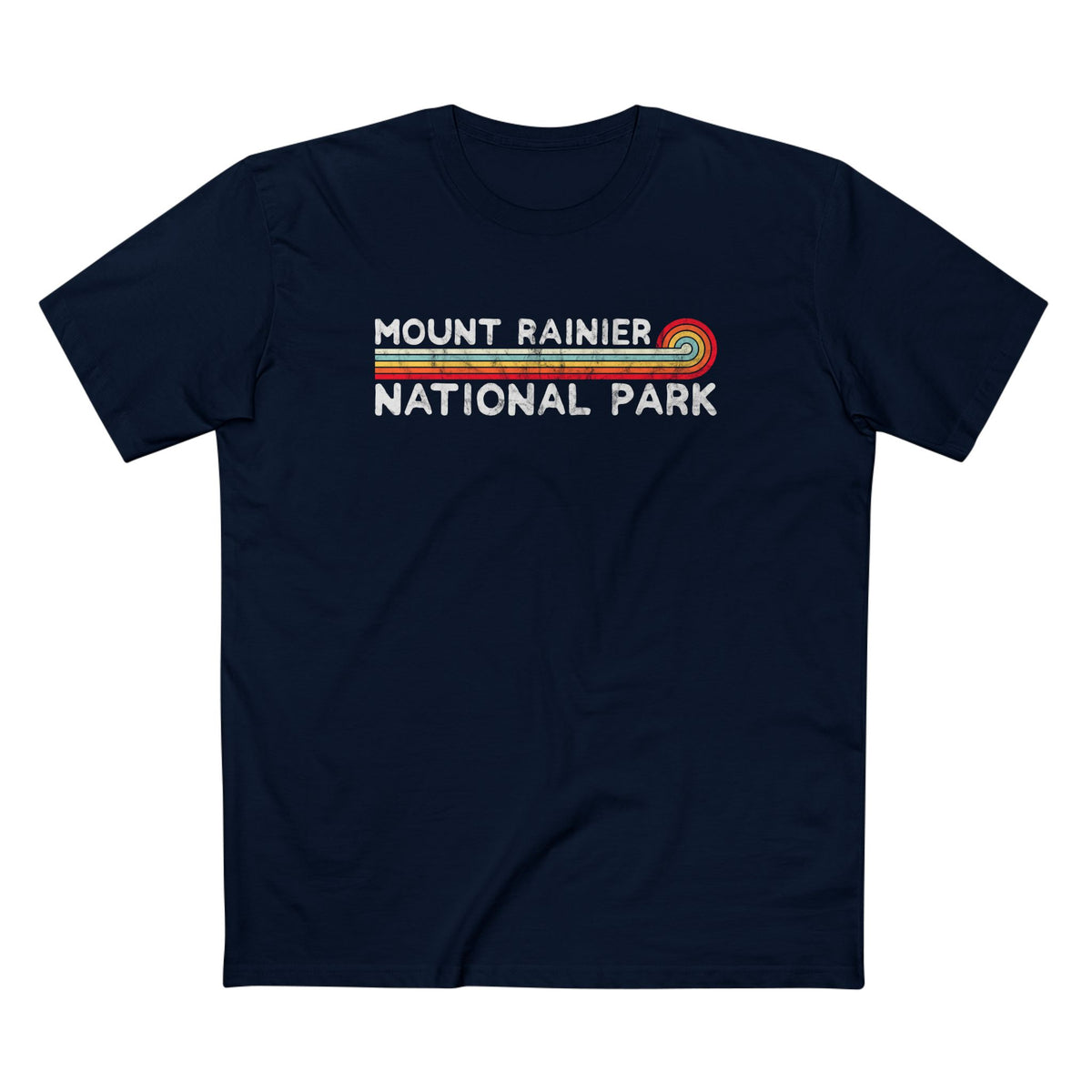 Mount Rainier National Park T-Shirt - Vintage Stretched Sunrise in Navy