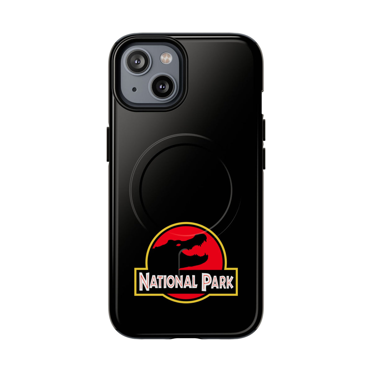 Everglades National Park magnetic iPhone 14 case with red and yellow parody logo on black background