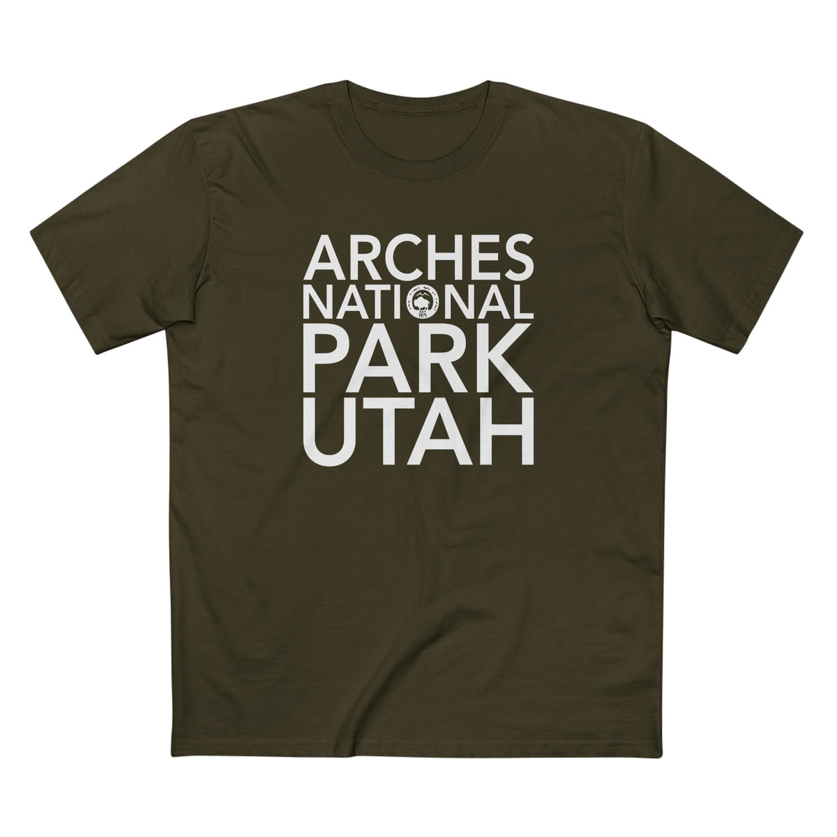 Arches National Park T-Shirt Block Text in Army