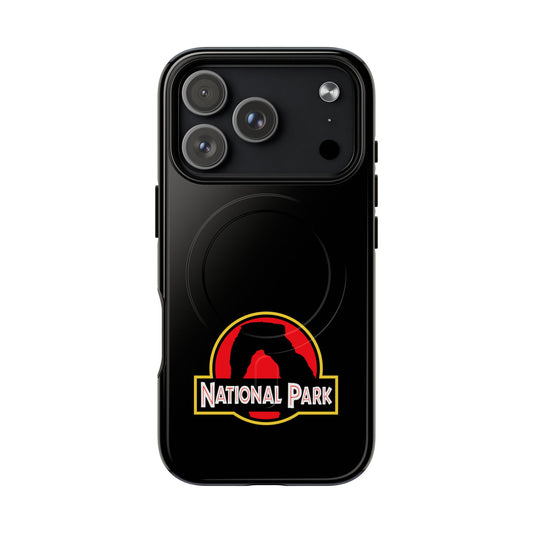 Arches National Park iPhone case with MagSafe featuring Delicate Arch parody-logo artwork.