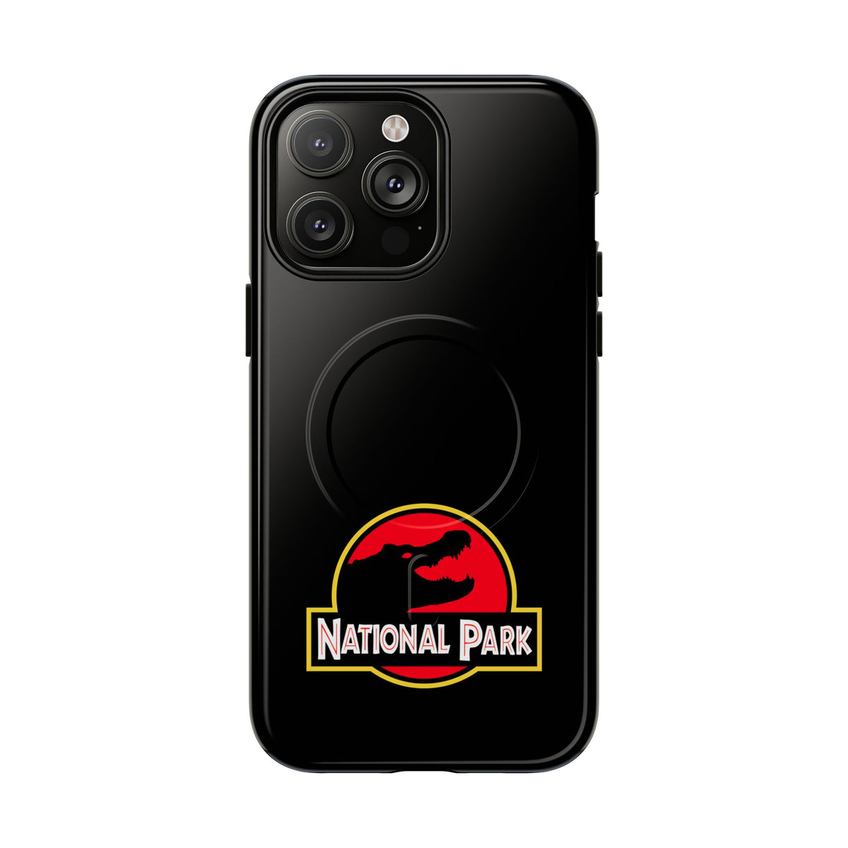 Everglades National Park magnetic iPhone 14 Pro Max case with red and yellow parody logo on black background