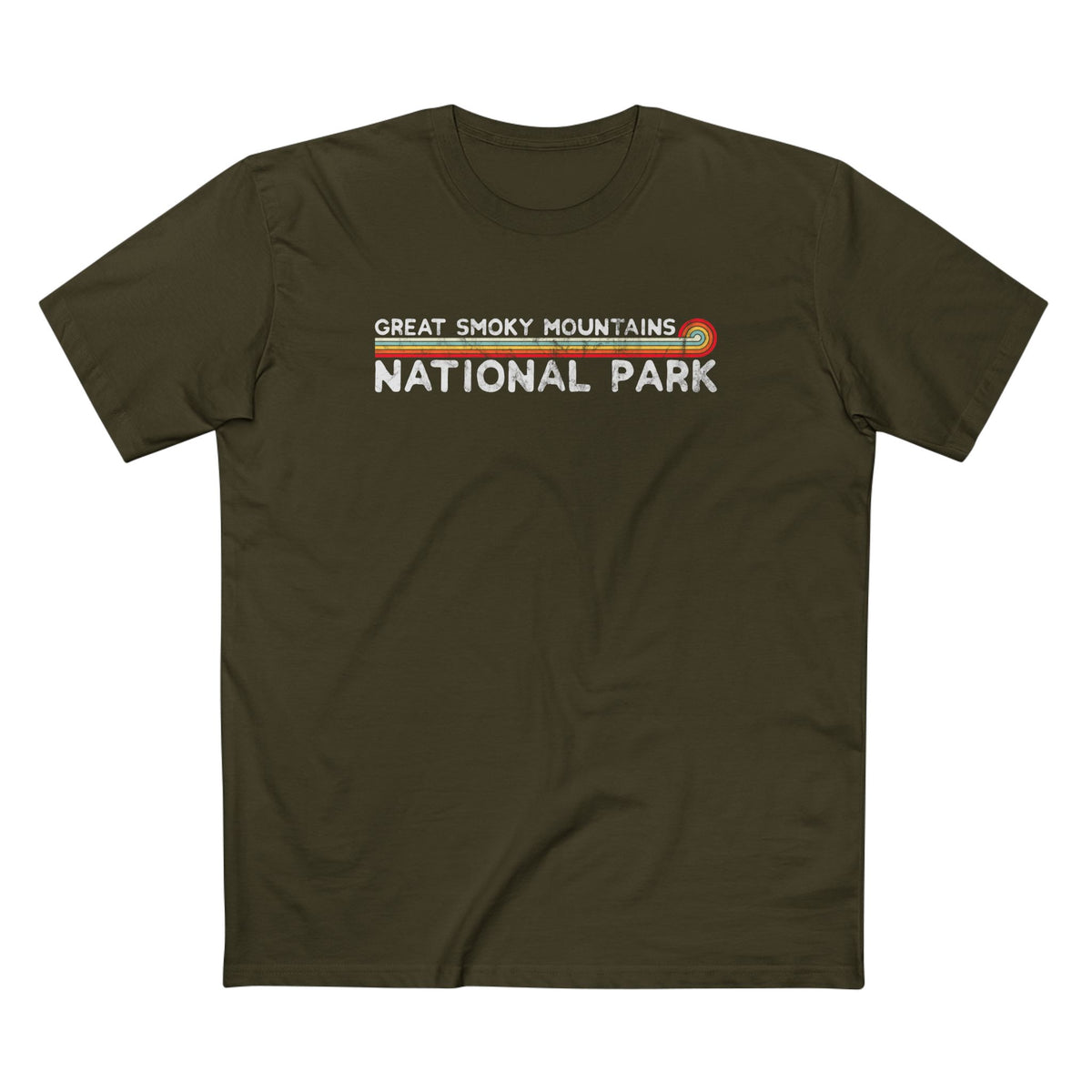 Great Smoky Mountains National Park T-Shirt - Vintage Stretched Sunrise in Army
