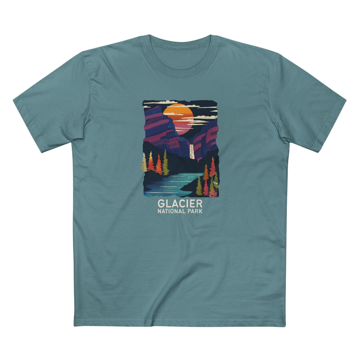 Glacier National Park T-Shirt - Waterfalls in Slate Blue