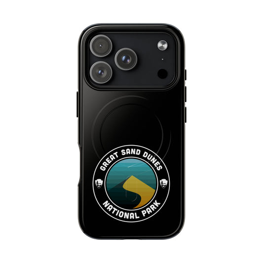 Great Sand Dunes National Park iPhone case with MagSafe featuring round emblem artwork.