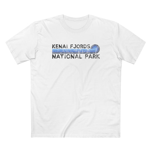 Kenai Fjords National Park T-Shirt - Blue Vintage Stretched Sunrise in White