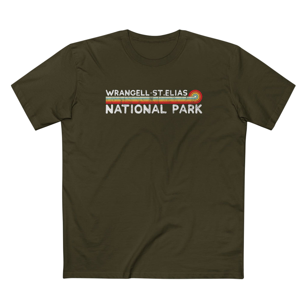 Wrangell - St. Elias National Park T-Shirt - Vintage Stretched Sunrise in Army