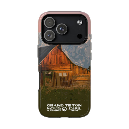 Grand Teton National Park iPhone case with MagSafe featuring Moulton Barn artwork.