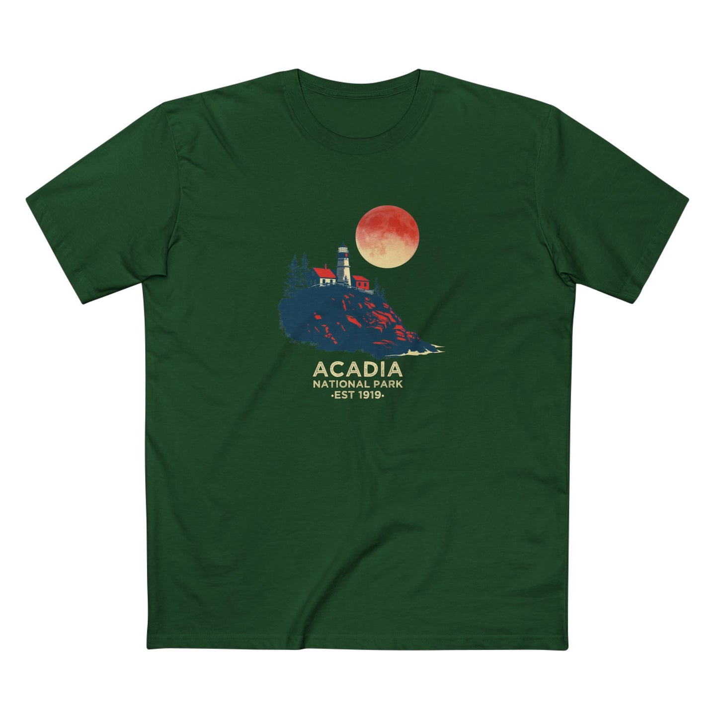 Acadia National Park T-Shirt - Lighthouse in Forest Green